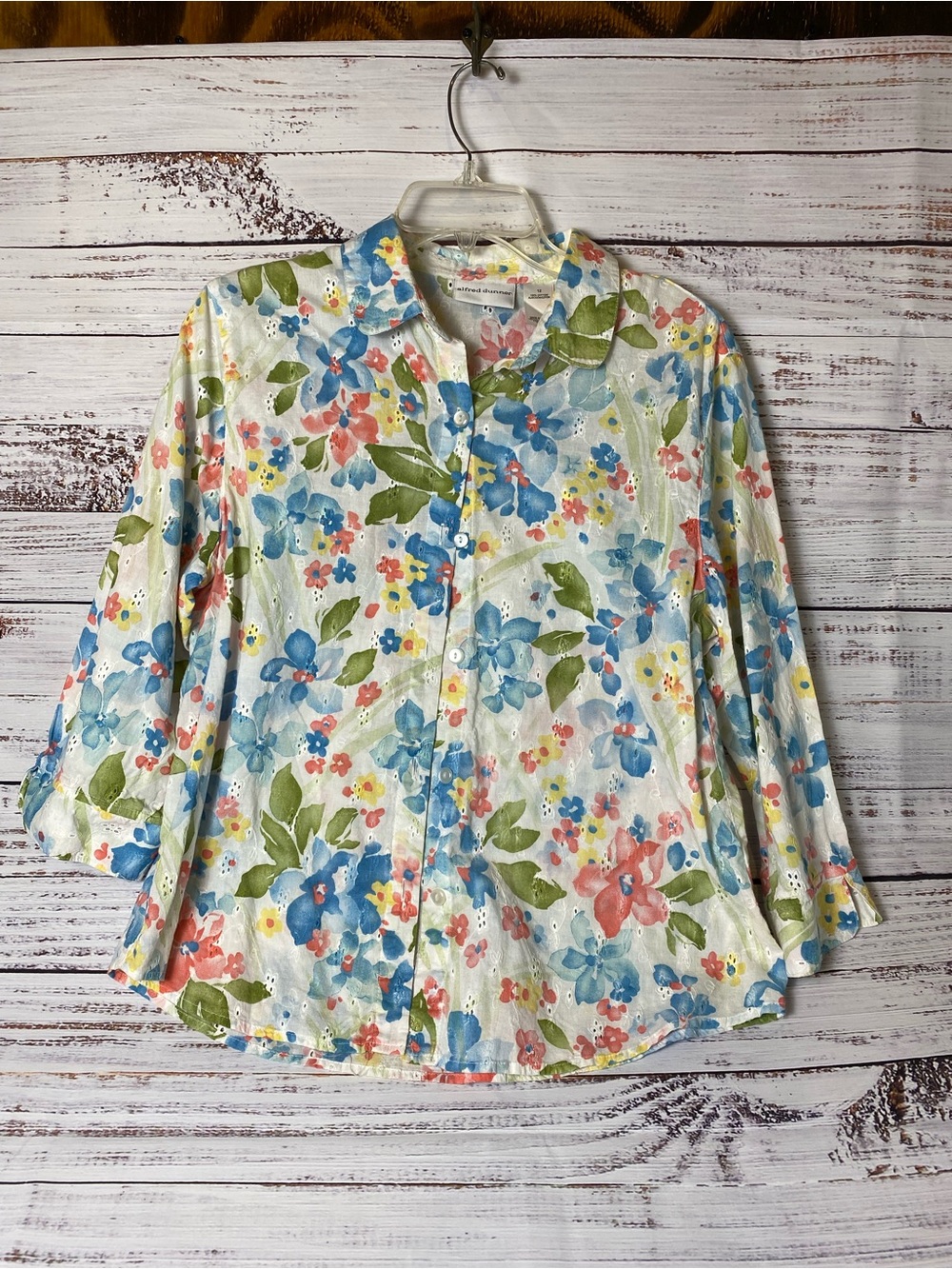 Alfred Dunner Floral Eyelet Button-Up Shirt - Blue, Green, Pink, Yellow - Picture 1 of 6
